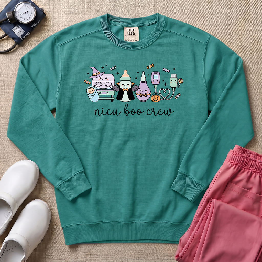 Cute Kawaii NICU Boo Crew Halloween Nurse Sweatshirt - Seafoam Comfort Colors Sweatshirt | HugTee