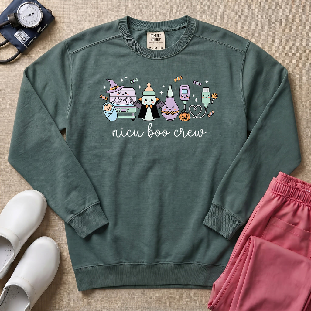 Cute Kawaii NICU Boo Crew Halloween Nurse Sweatshirt - Blue Spruce Comfort Colors Sweatshirt | HugTee
