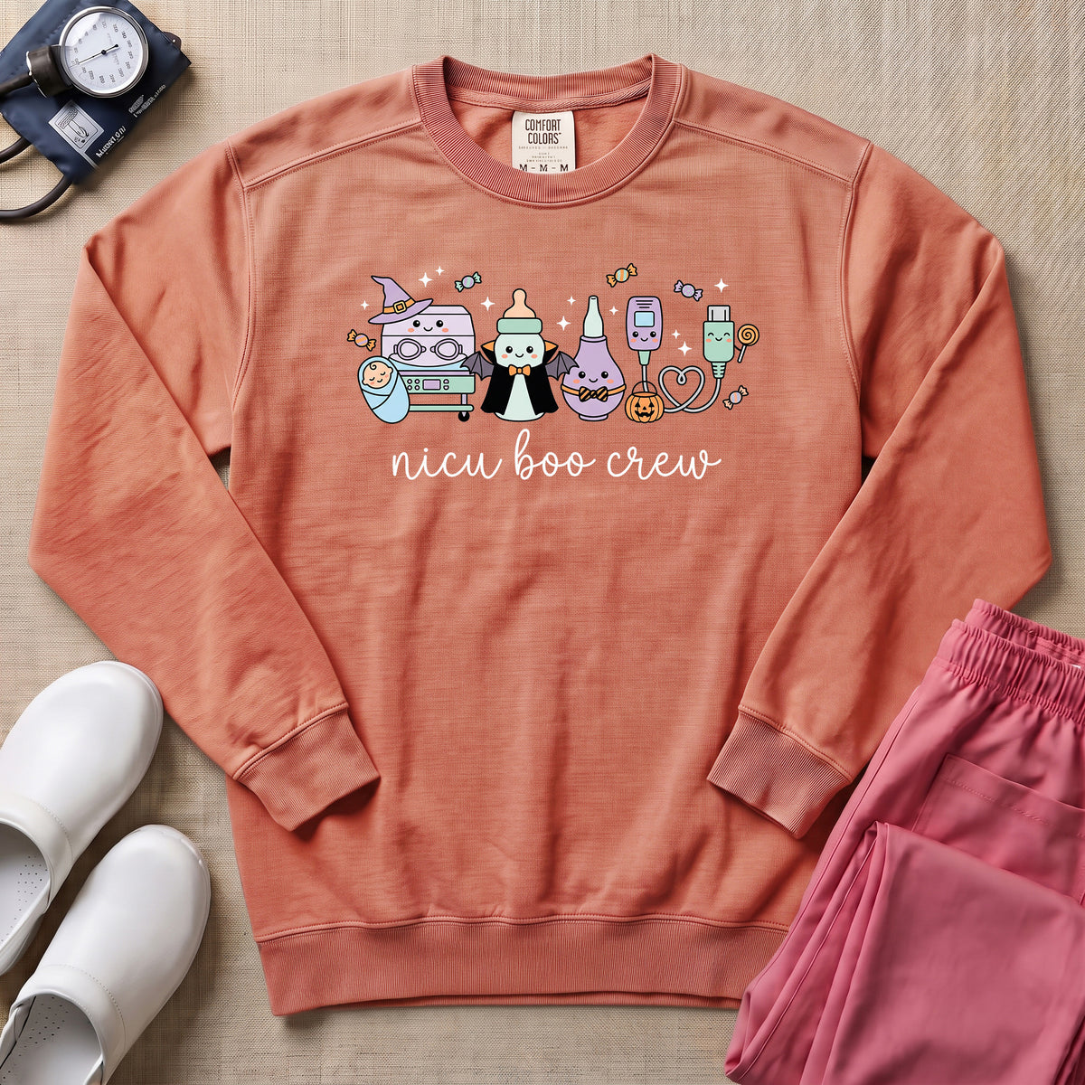 Cute Kawaii NICU Boo Crew Halloween Nurse Sweatshirt - Terracotta Comfort Colors Sweatshirt | HugTee