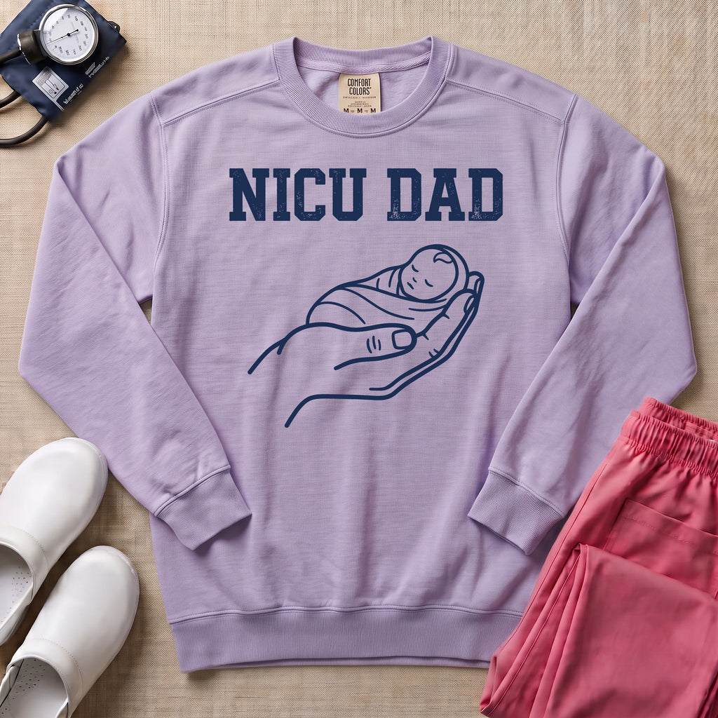 Proud NICU Dad Cradling Baby Line Art Minimalist Sweatshirt - Orchid Comfort Colors Sweatshirt | HugTee