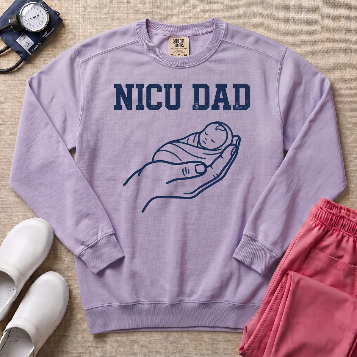 Proud NICU Dad Cradling Baby Line Art Minimalist Sweatshirt - Orchid Comfort Colors Sweatshirt | HugTee