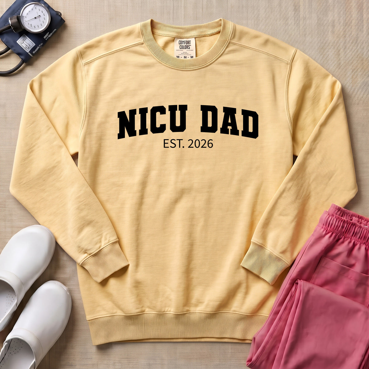 Proud NICU Dad Est 2026 Minimalist Personalized Sweatshirt - Butter Comfort Colors Sweatshirt | HugTee