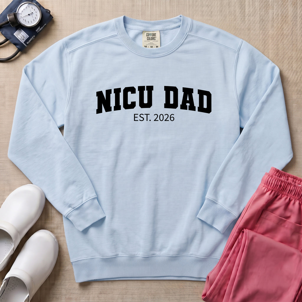 Proud NICU Dad Est 2026 Minimalist Personalized Sweatshirt - Chambray Comfort Colors Sweatshirt | HugTee