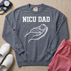 Proud NICU Dad Cradling Baby Line Art Minimalist Sweatshirt - Blue Jean Comfort Colors Sweatshirt | HugTee