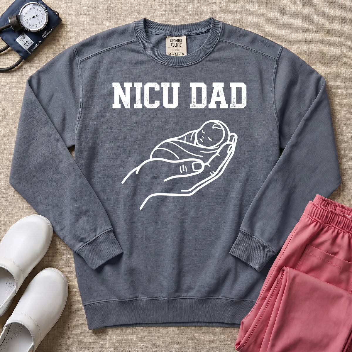 Proud NICU Dad Cradling Baby Line Art Minimalist Sweatshirt - Blue Jean Comfort Colors Sweatshirt | HugTee