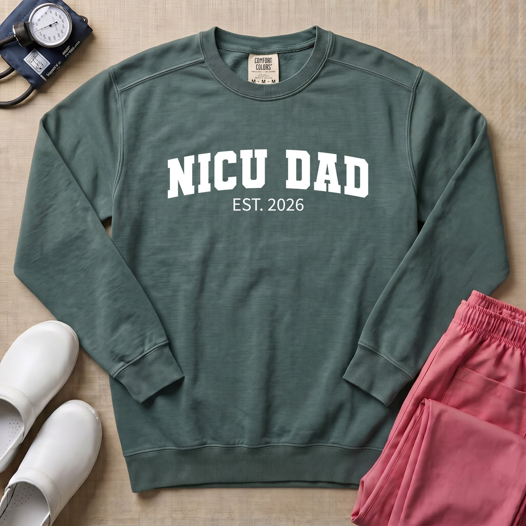 Proud NICU Dad Est 2026 Minimalist Personalized Sweatshirt - Blue Spruce Comfort Colors Sweatshirt | HugTee