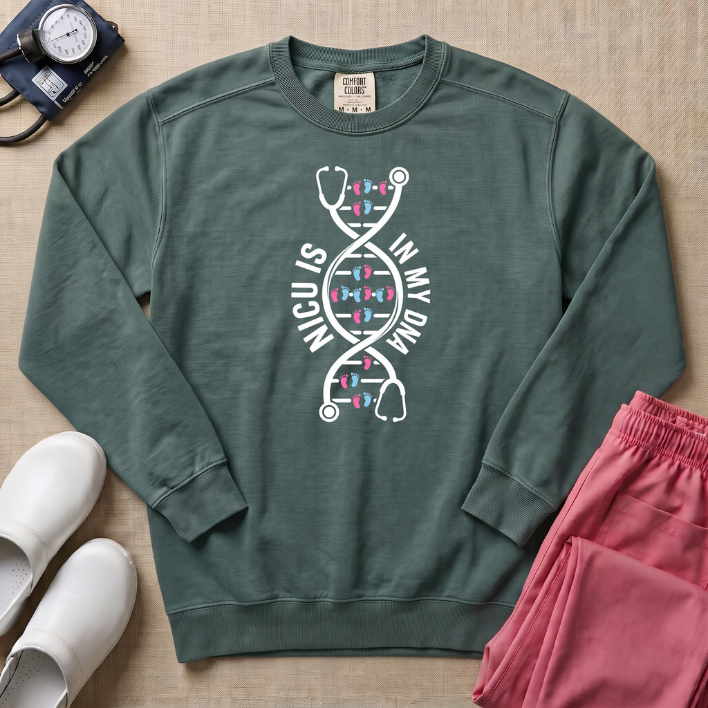 NICU Is In My DNA Stethoscope Sweatshirt - Blue Spruce Comfort Colors Sweatshirt | HugTee