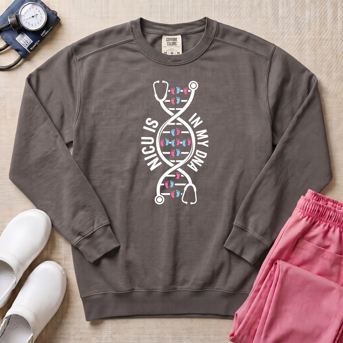 NICU Is In My DNA Stethoscope Sweatshirt - Pepper Lifestyle Hero Mockup | HugTee