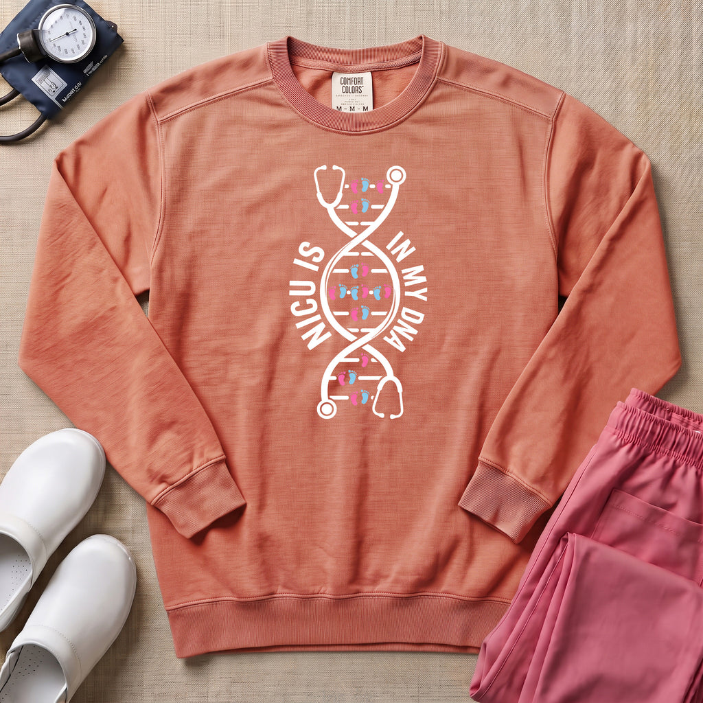 NICU Is In My DNA Stethoscope Sweatshirt - Terracotta Comfort Colors Sweatshirt | HugTee