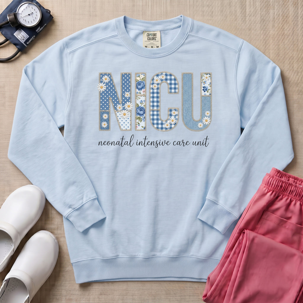 Faux Embroidery Floral NICU Nurse Gift Sweatshirt - Chambray Comfort Colors Sweatshirt | HugTee