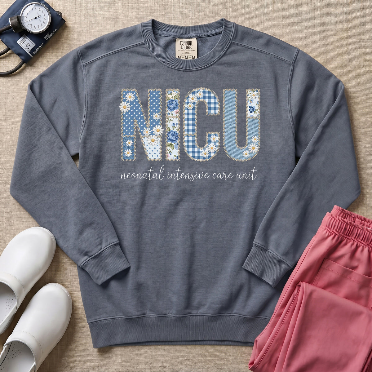 Faux Embroidery Floral NICU Nurse Gift Sweatshirt - Blue Jean Comfort Colors Sweatshirt | HugTee