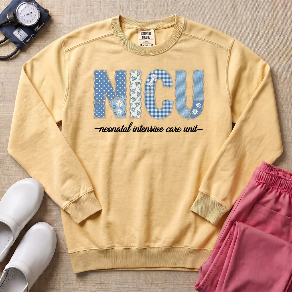 NICU Neonatal Intensive Care Unit Faux Embroidery Floral Nurse Sweatshirt - Butter Comfort Colors Sweatshirt | HugTee