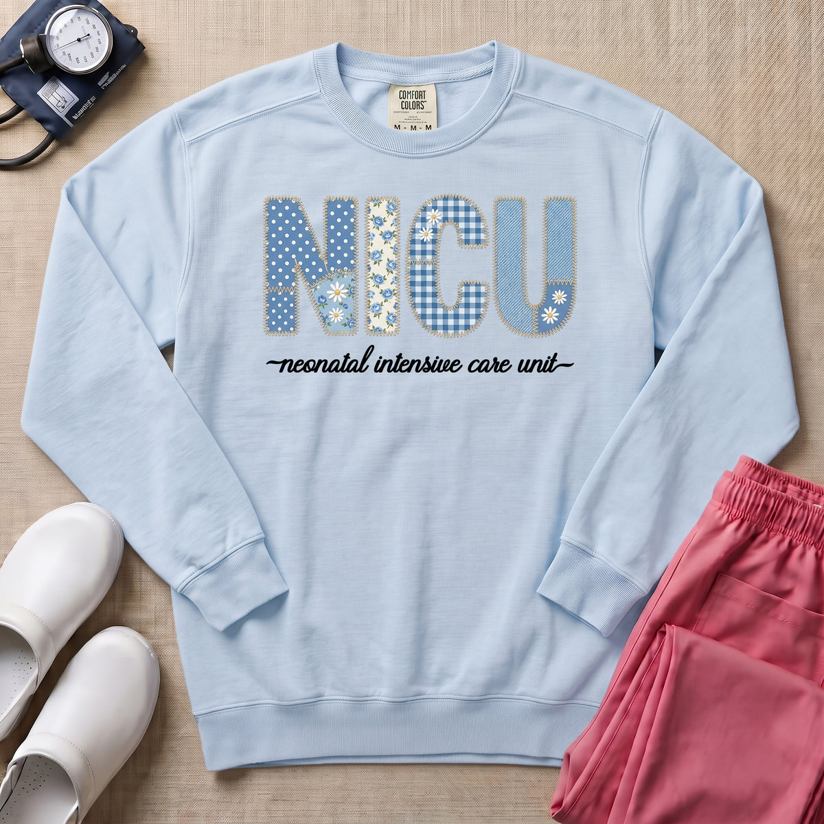 NICU Neonatal Intensive Care Unit Faux Embroidery Floral Nurse Sweatshirt - Chambray Comfort Colors Sweatshirt | HugTee