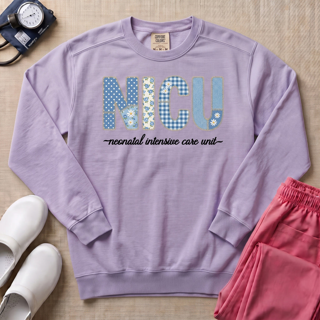 NICU Neonatal Intensive Care Unit Faux Embroidery Floral Nurse Sweatshirt - Orchid Comfort Colors Sweatshirt | HugTee