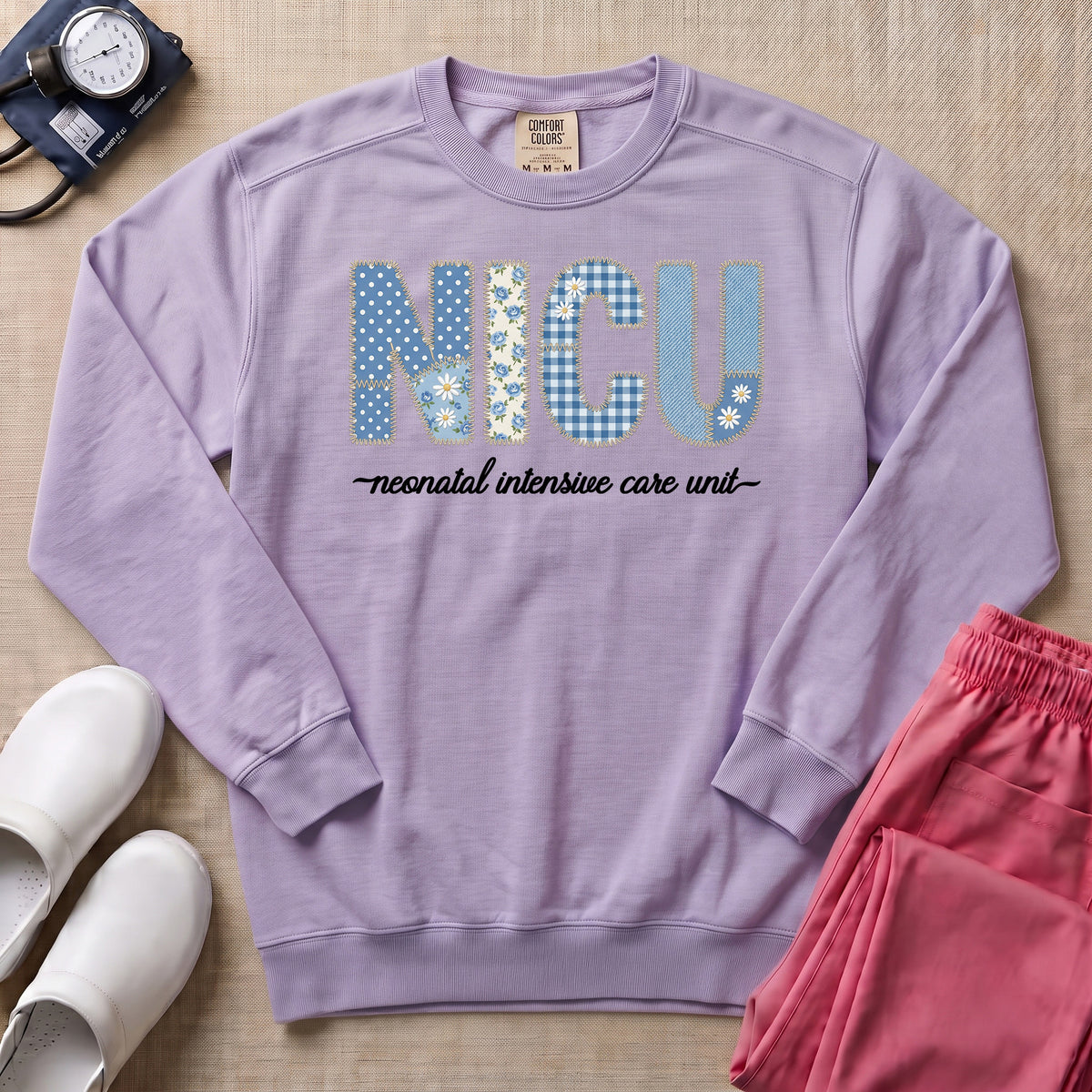 NICU Neonatal Intensive Care Unit Faux Embroidery Floral Nurse Sweatshirt - Orchid Comfort Colors Sweatshirt | HugTee