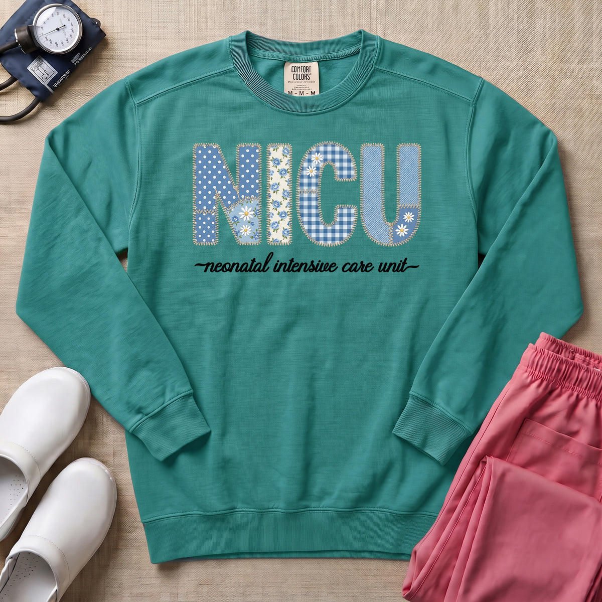 NICU Neonatal Intensive Care Unit Faux Embroidery Floral Nurse Sweatshirt - Seafoam Comfort Colors Sweatshirt | HugTee