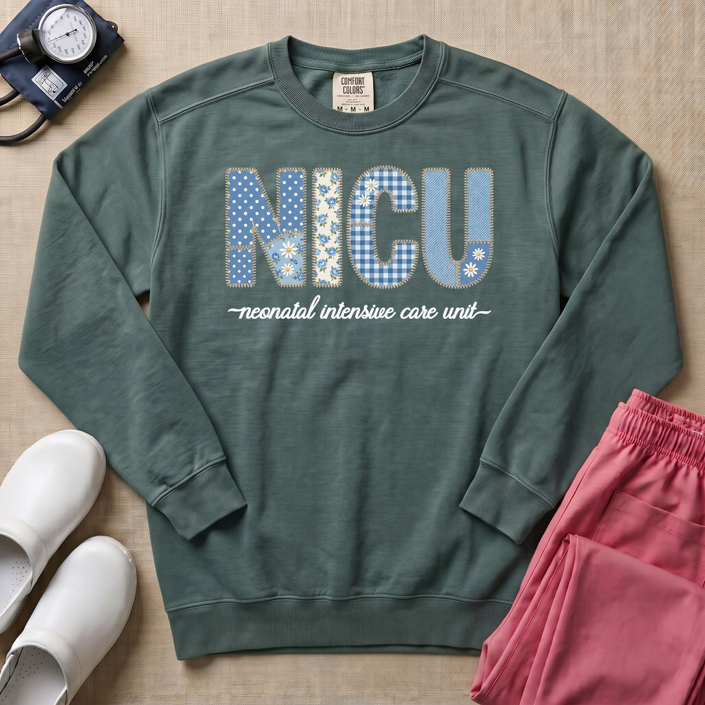 NICU Neonatal Intensive Care Unit Faux Embroidery Floral Nurse Sweatshirt - Blue Spruce Comfort Colors Sweatshirt | HugTee