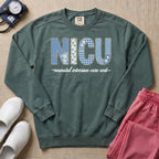 NICU Neonatal Intensive Care Unit Faux Embroidery Floral Nurse Sweatshirt - Blue Spruce Comfort Colors Sweatshirt | HugTee