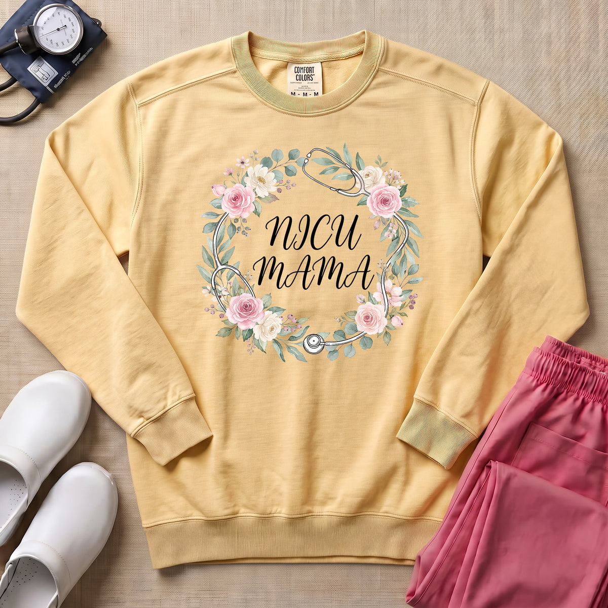 Floral Stethoscope NICU Mama Boho Sweatshirt - Butter Comfort Colors Sweatshirt | HugTee