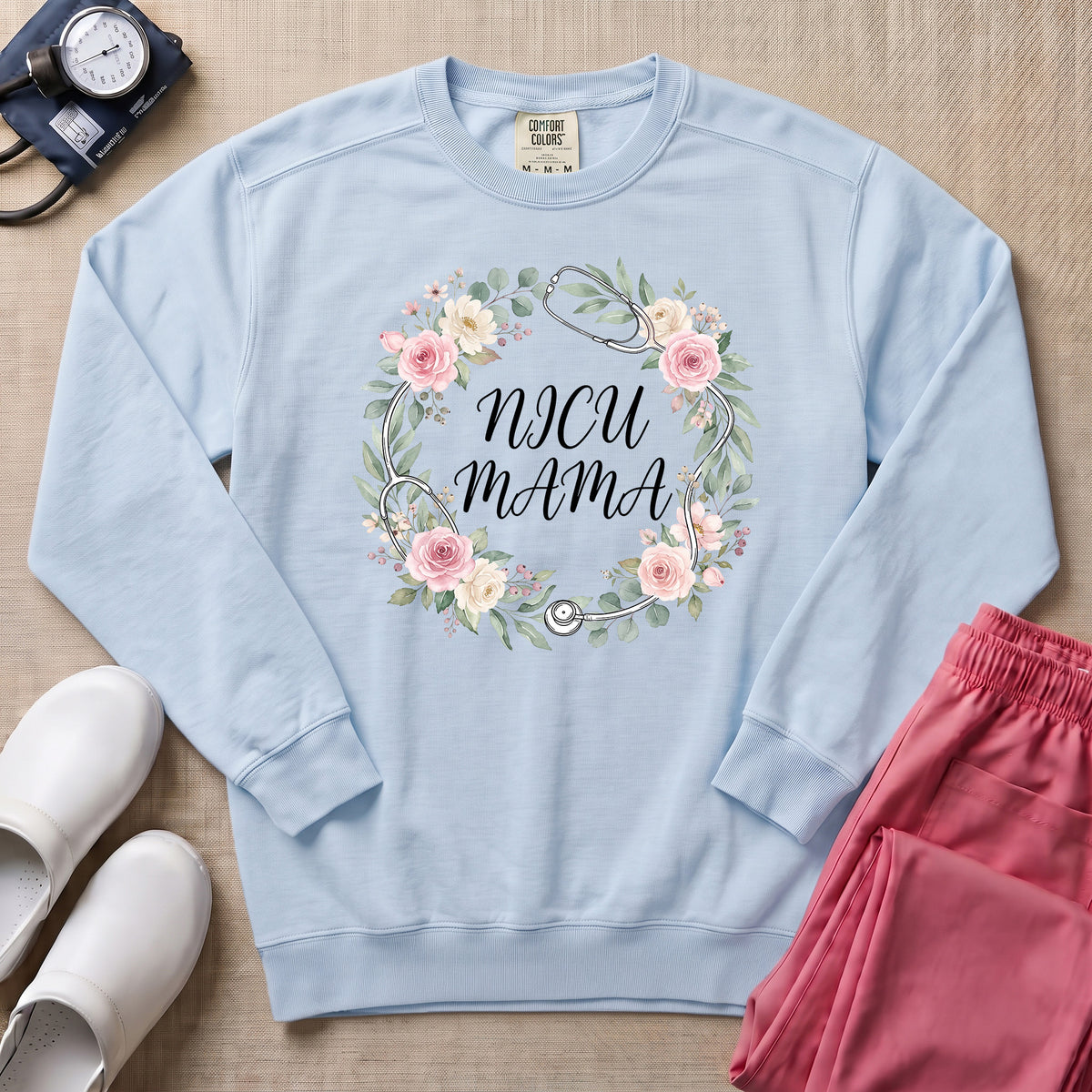 Floral Stethoscope NICU Mama Boho Sweatshirt - Chambray Comfort Colors Sweatshirt | HugTee
