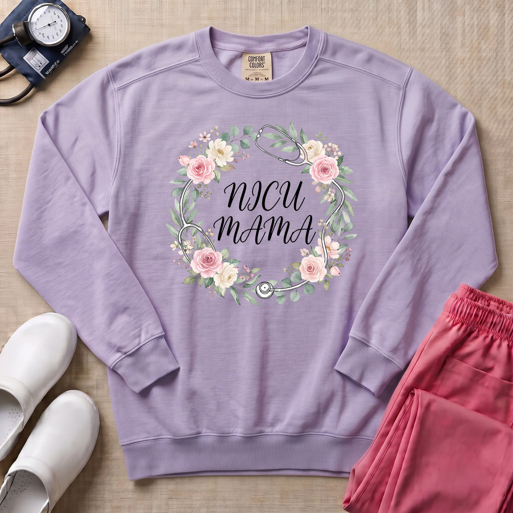 Floral Stethoscope NICU Mama Boho Sweatshirt - Orchid Comfort Colors Sweatshirt | HugTee