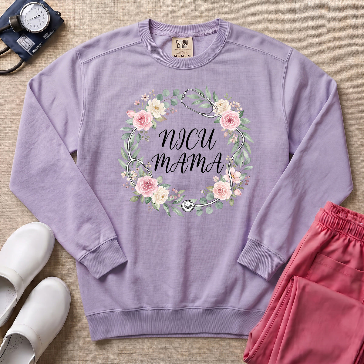 Floral Stethoscope NICU Mama Boho Sweatshirt - Orchid Comfort Colors Sweatshirt | HugTee