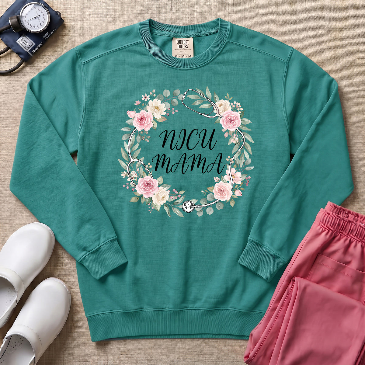 Floral Stethoscope NICU Mama Boho Sweatshirt - Seafoam Comfort Colors Sweatshirt | HugTee