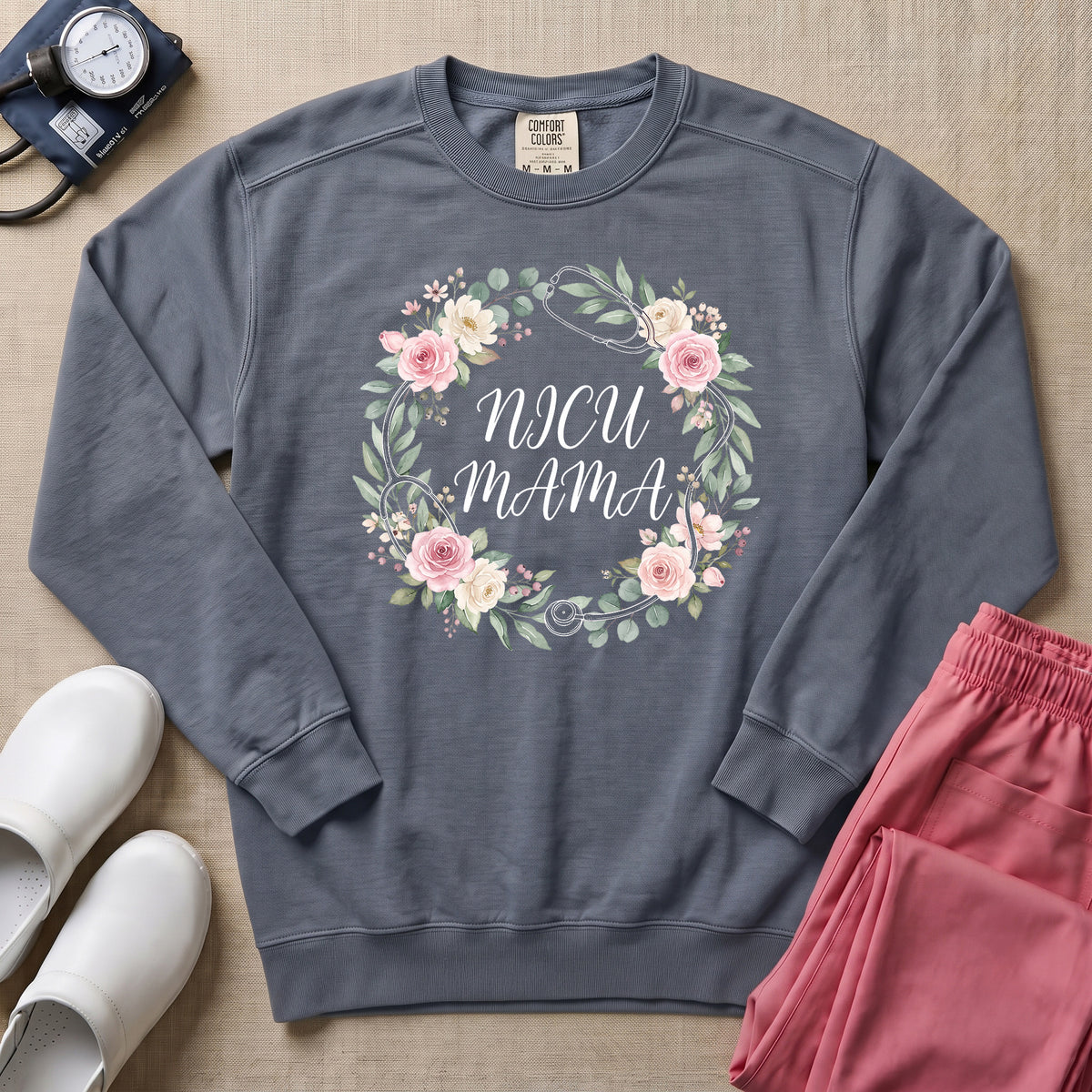 Floral Stethoscope NICU Mama Boho Sweatshirt - Blue Jean Comfort Colors Sweatshirt | HugTee