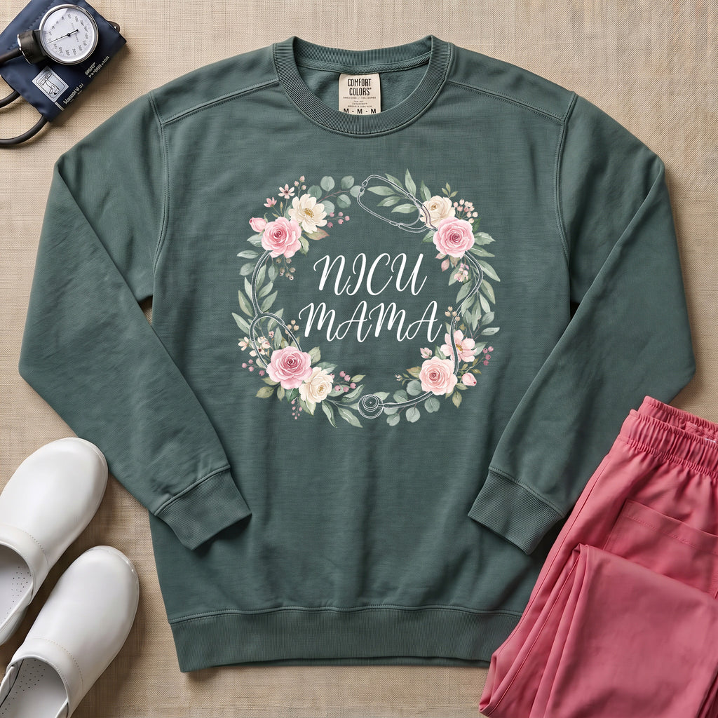 Floral Stethoscope NICU Mama Boho Sweatshirt - Blue Spruce Comfort Colors Sweatshirt | HugTee