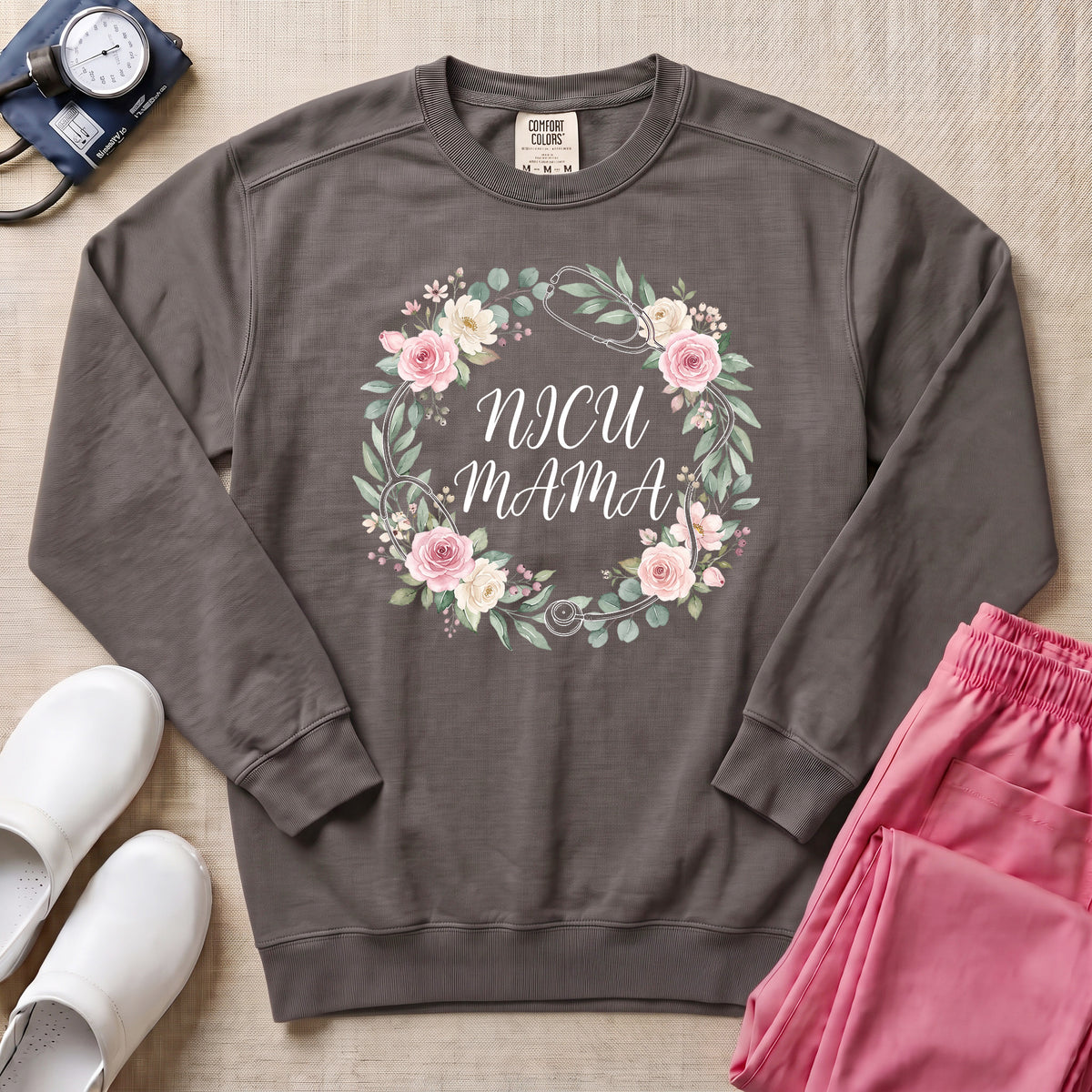 Floral Stethoscope NICU Mama Boho Sweatshirt - Pepper Lifestyle Hero Mockup | HugTee