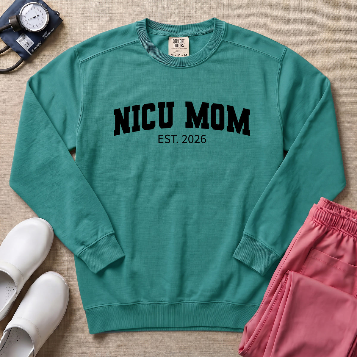 Proud NICU Mom Est 2026 Minimalist Personalized Sweatshirt - Seafoam Comfort Colors Sweatshirt | HugTee