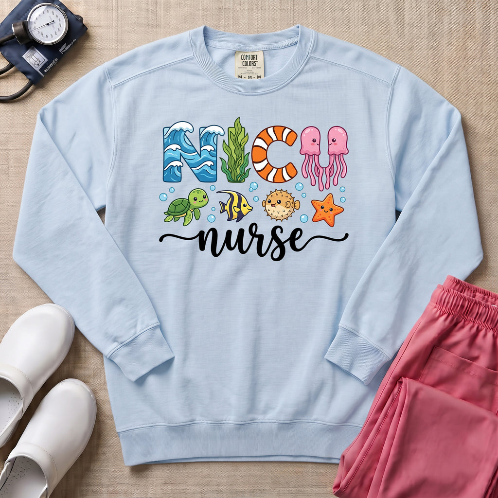 NICU Nurse Ocean Theme Sea Creatures Sweatshirt - Chambray Comfort Colors Sweatshirt | HugTee