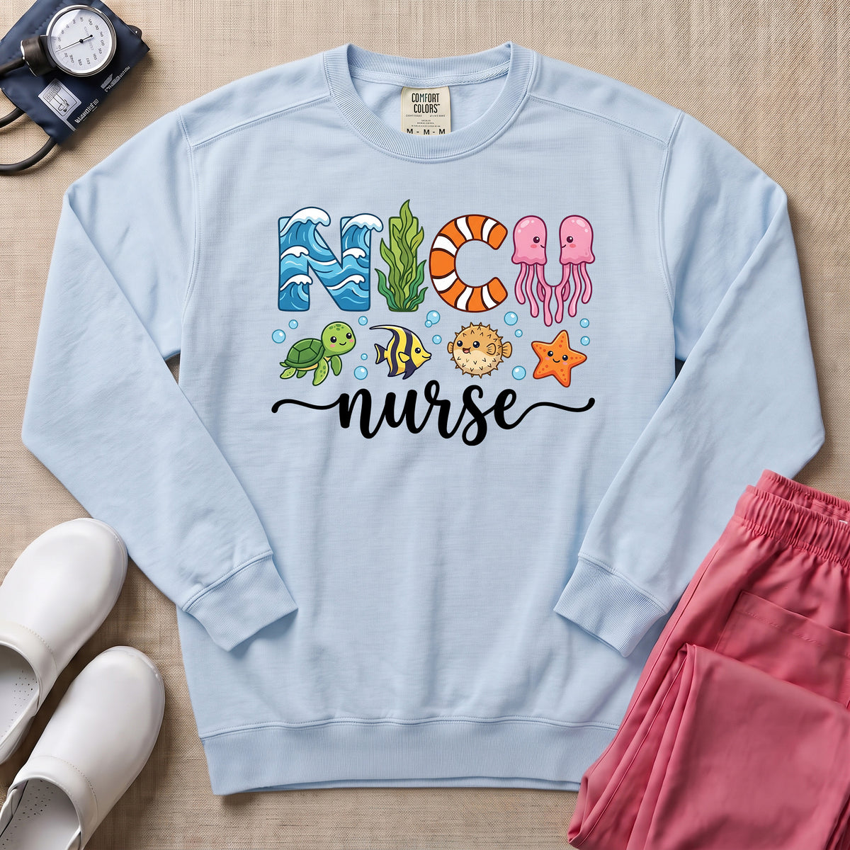 NICU Nurse Ocean Theme Sea Creatures Sweatshirt - Chambray Comfort Colors Sweatshirt | HugTee