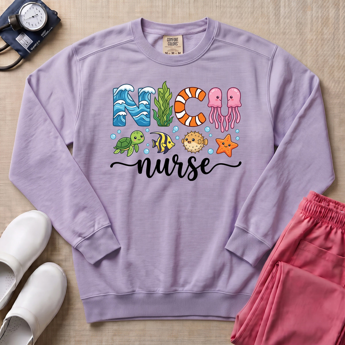 NICU Nurse Ocean Theme Sea Creatures Sweatshirt - Orchid Comfort Colors Sweatshirt | HugTee