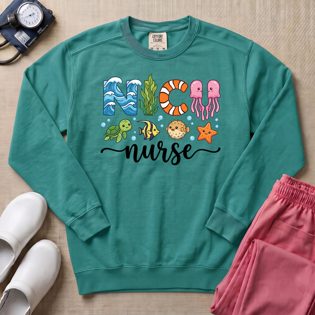 NICU Nurse Ocean Theme Sea Creatures Sweatshirt - Seafoam Comfort Colors Sweatshirt | HugTee