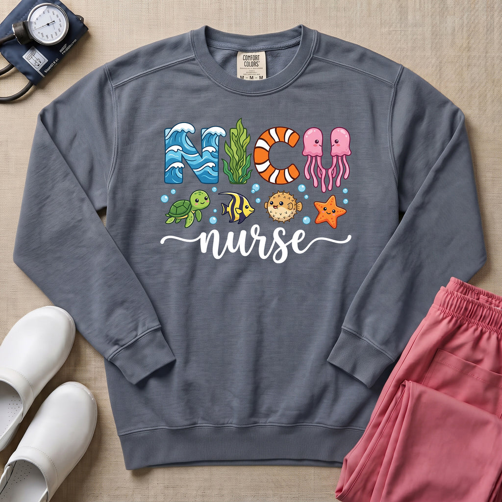 NICU Nurse Ocean Theme Sea Creatures Sweatshirt - Blue Jean Comfort Colors Sweatshirt | HugTee