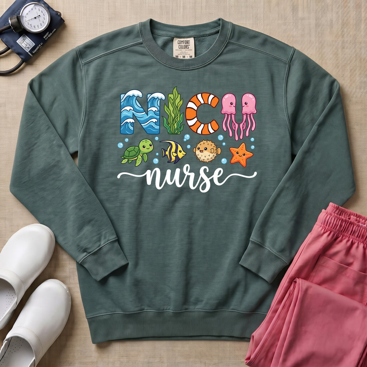 NICU Nurse Ocean Theme Sea Creatures Sweatshirt - Blue Spruce Comfort Colors Sweatshirt | HugTee