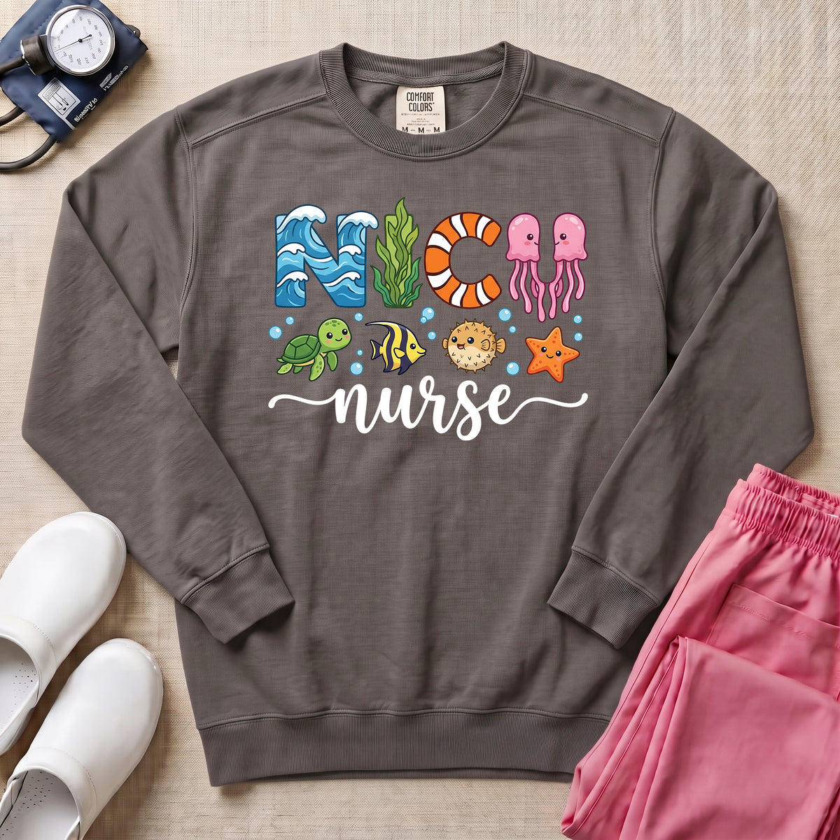 NICU Nurse Ocean Theme Sea Creatures Sweatshirt - Pepper Lifestyle Hero Mockup | HugTee
