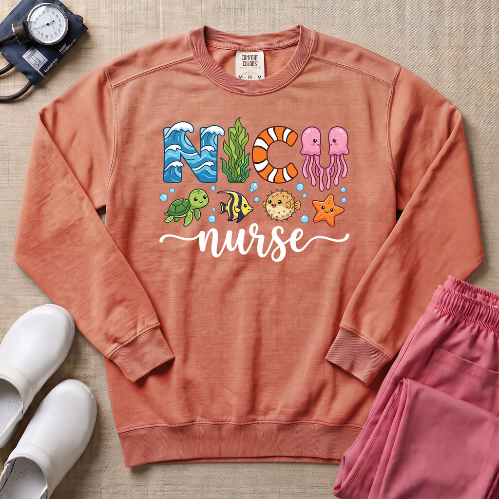 NICU Nurse Ocean Theme Sea Creatures Sweatshirt - Terracotta Comfort Colors Sweatshirt | HugTee