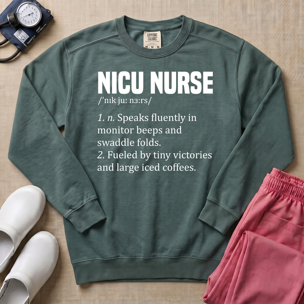 Funny NICU Nurse Definition Coffee Lover Sweatshirt - Blue Spruce Comfort Colors Sweatshirt | HugTee
