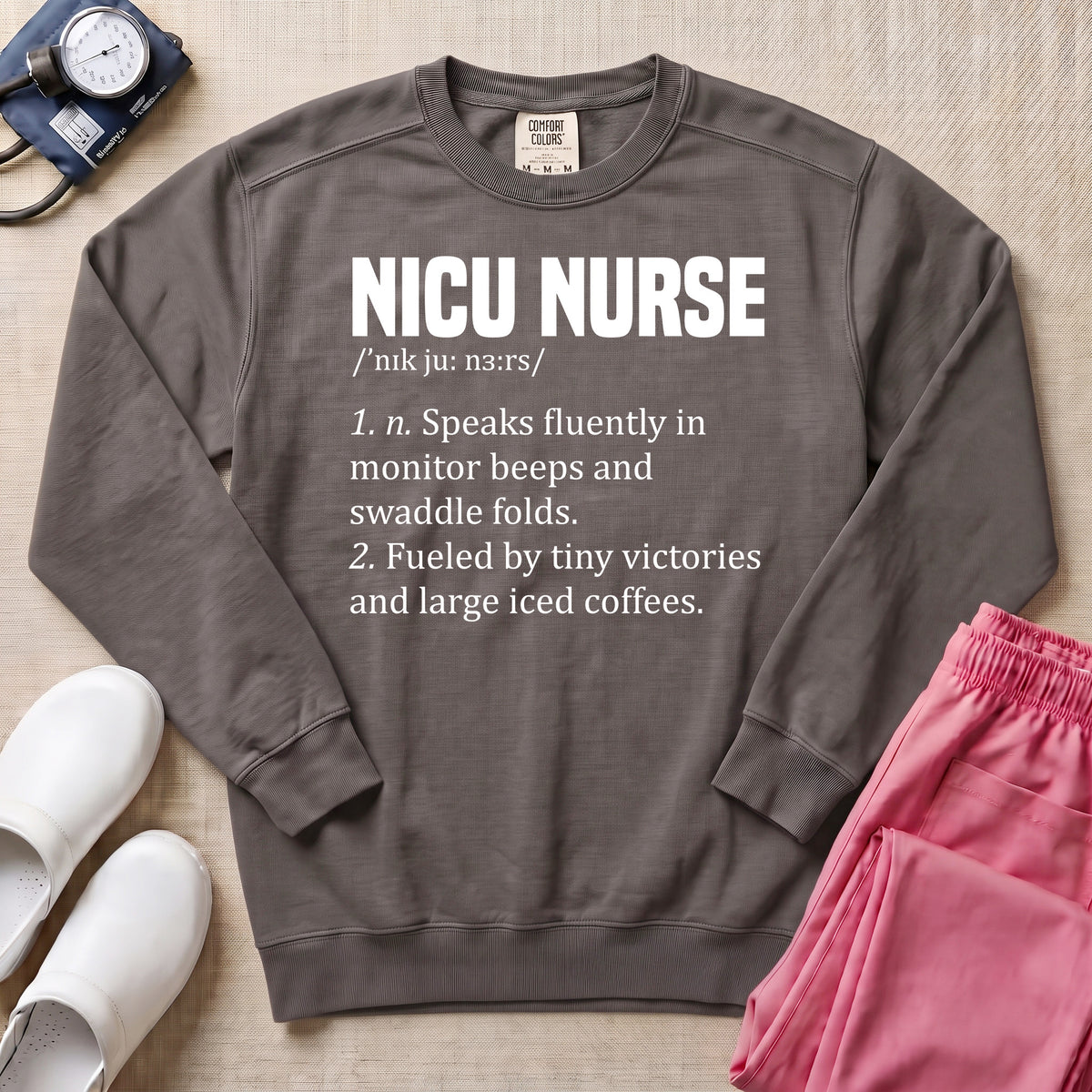 Funny NICU Nurse Definition Coffee Lover Sweatshirt - Pepper Lifestyle Hero Mockup | HugTee