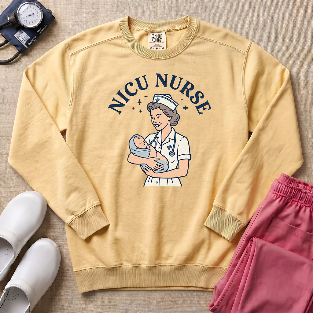Retro Vintage NICU Nurse Newborn Healthcare Sweatshirt - Butter Comfort Colors Sweatshirt | HugTee