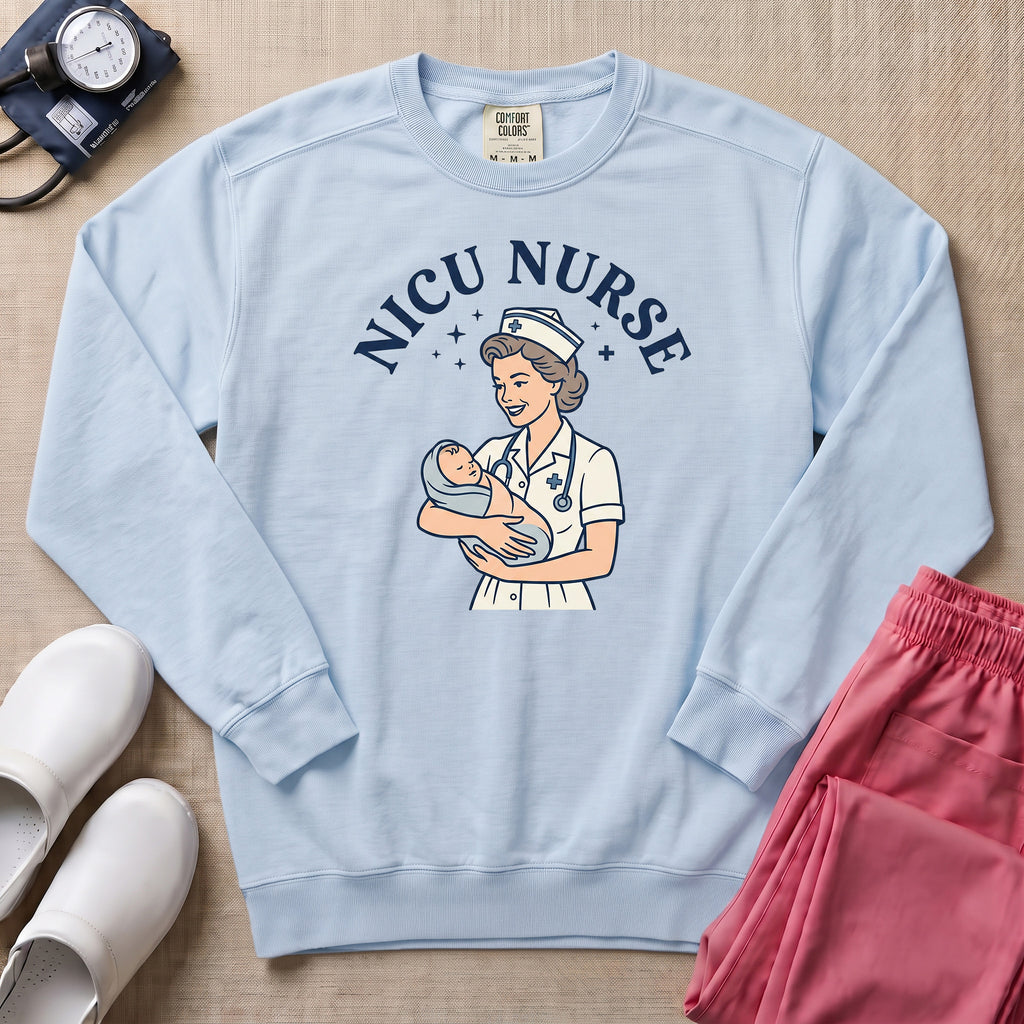 Retro Vintage NICU Nurse Newborn Healthcare Sweatshirt - Chambray Comfort Colors Sweatshirt | HugTee