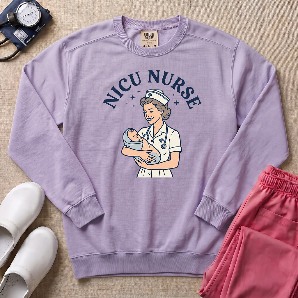 Retro Vintage NICU Nurse Newborn Healthcare Sweatshirt - Orchid Comfort Colors Sweatshirt | HugTee