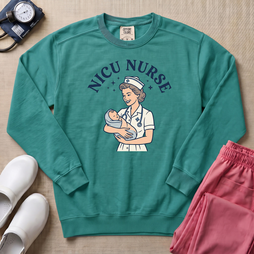 Retro Vintage NICU Nurse Newborn Healthcare Sweatshirt - Seafoam Comfort Colors Sweatshirt | HugTee