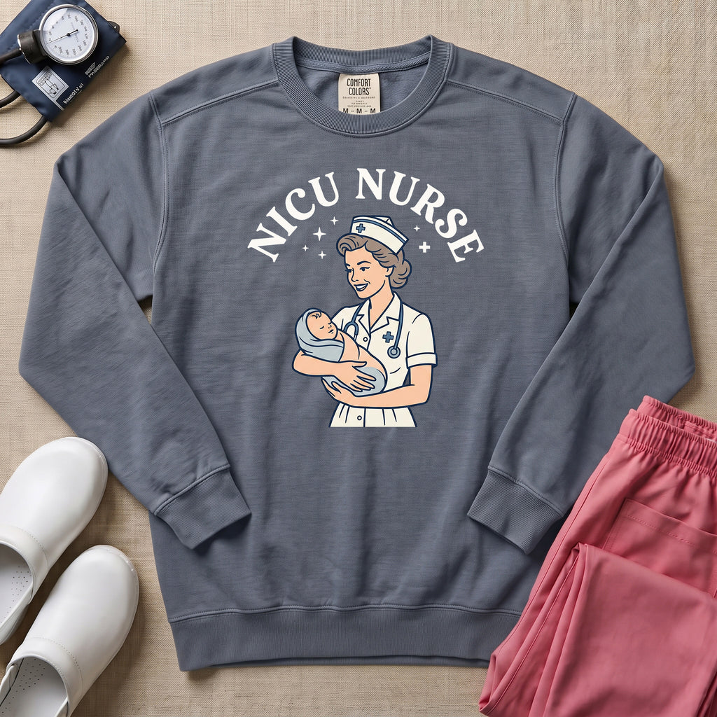 Retro Vintage NICU Nurse Newborn Healthcare Sweatshirt - Blue Jean Comfort Colors Sweatshirt | HugTee