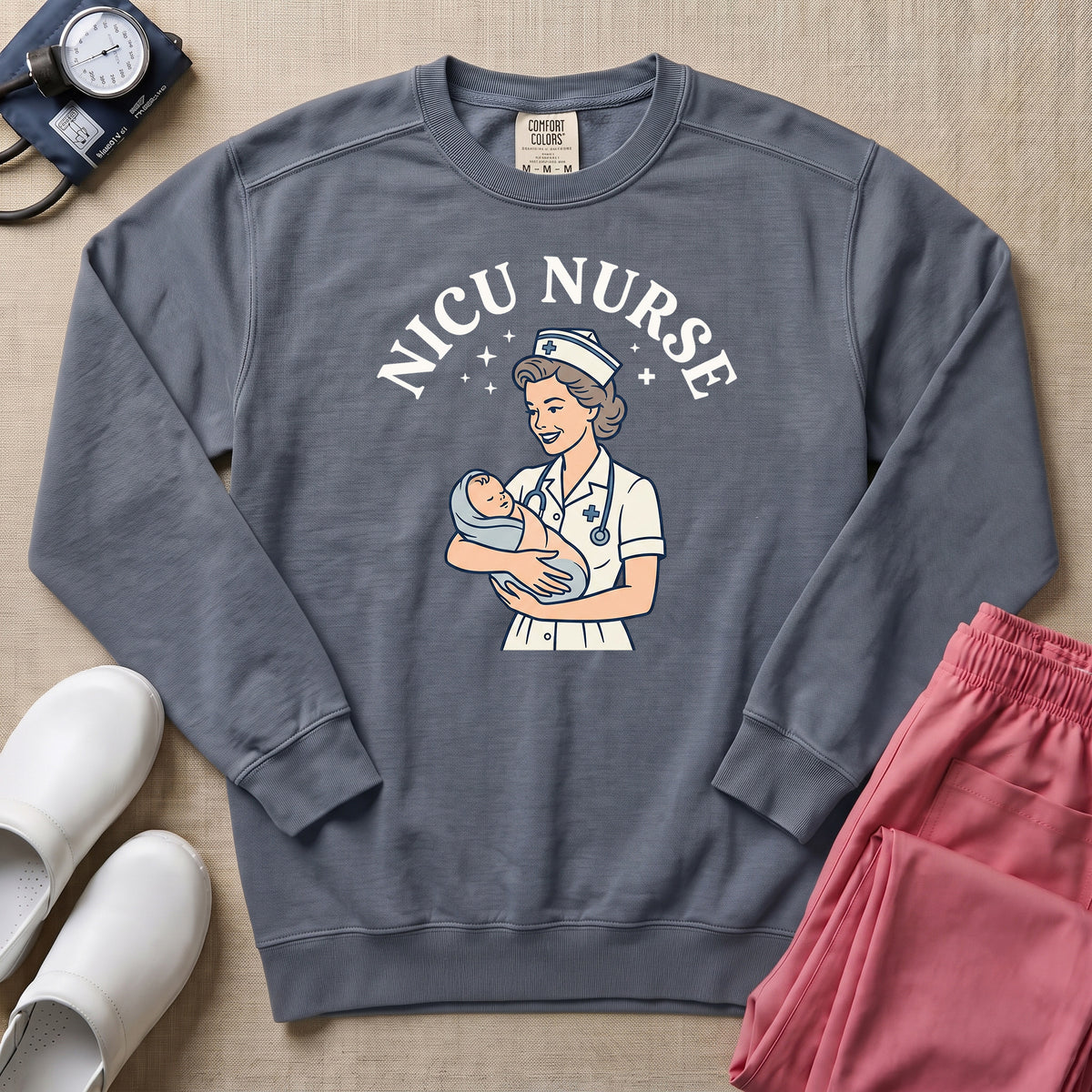 Retro Vintage NICU Nurse Newborn Healthcare Sweatshirt - Blue Jean Comfort Colors Sweatshirt | HugTee