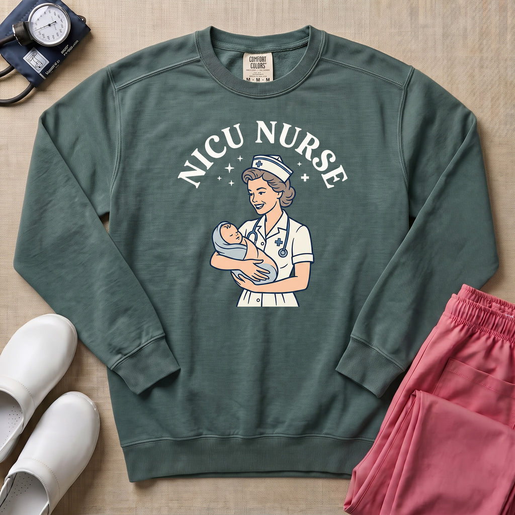 Retro Vintage NICU Nurse Newborn Healthcare Sweatshirt - Blue Spruce Comfort Colors Sweatshirt | HugTee