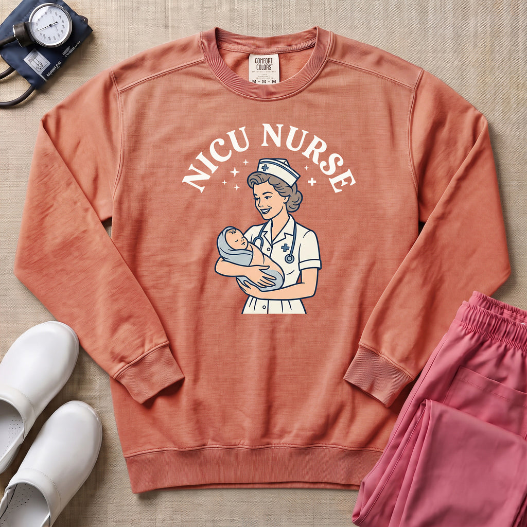 Retro Vintage NICU Nurse Newborn Healthcare Sweatshirt - Terracotta Comfort Colors Sweatshirt | HugTee