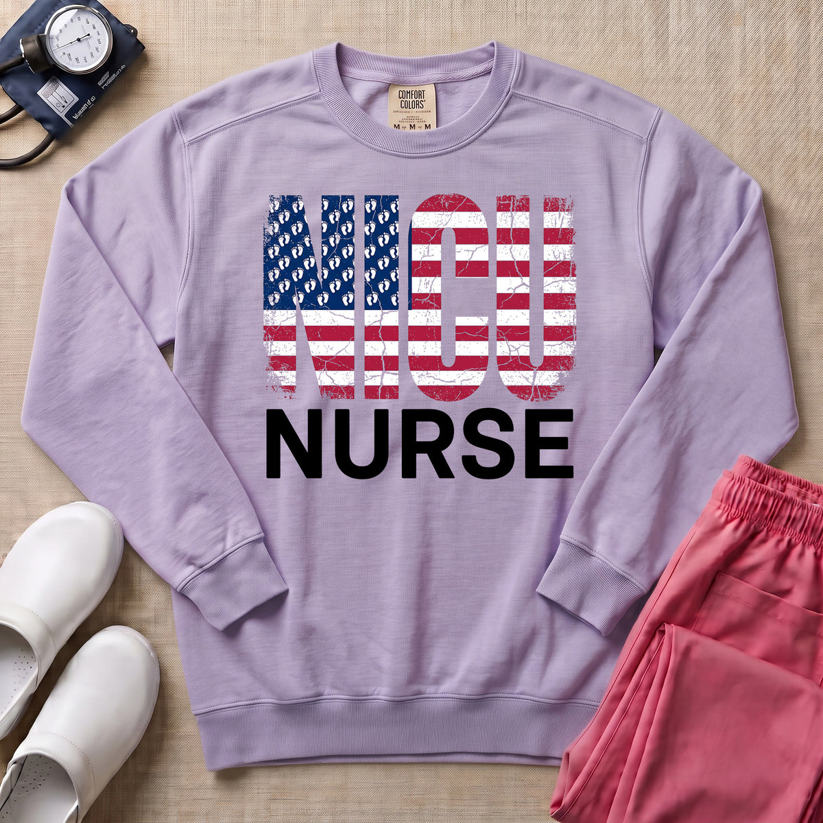 Patriotic NICU Nurse American Flag Sweatshirt - Orchid Comfort Colors Sweatshirt | HugTee